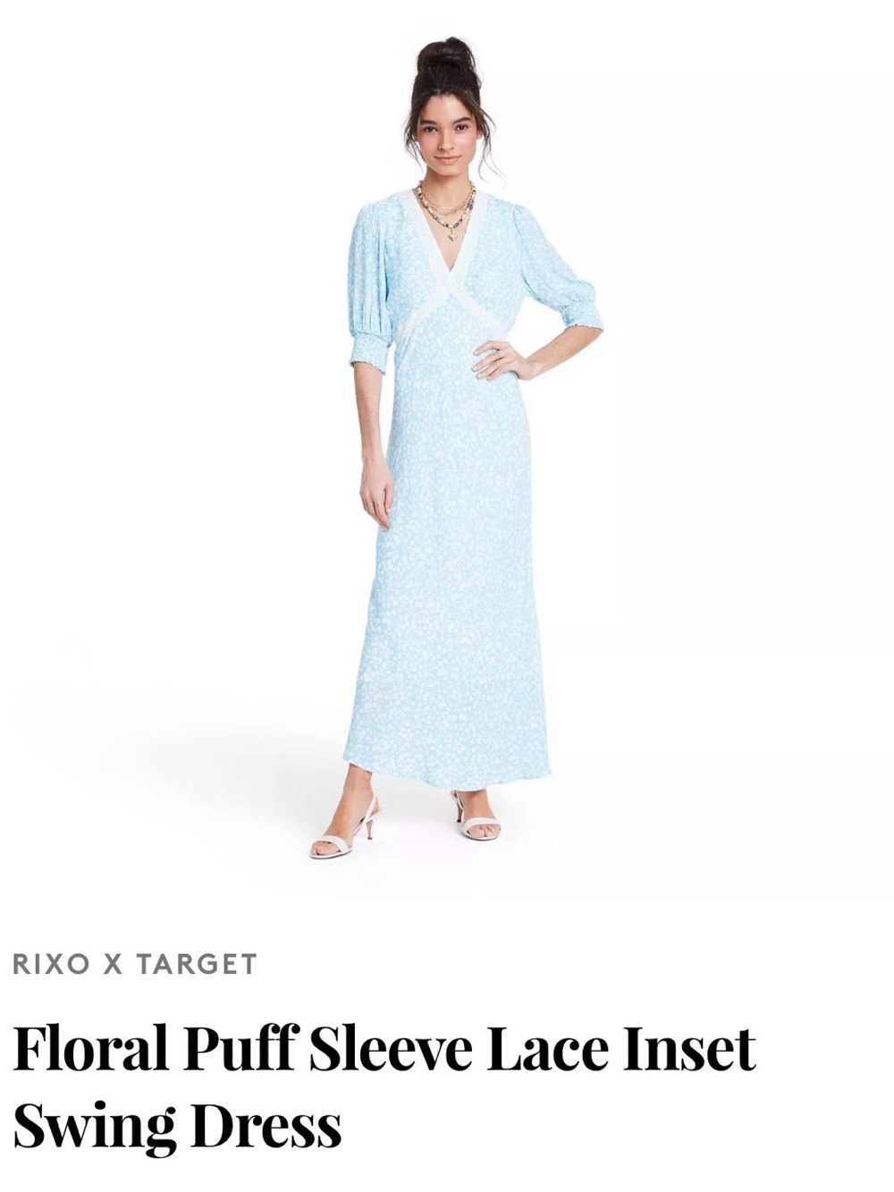 RIXO Light Blue and White Floral V-Neck Maxi Dress